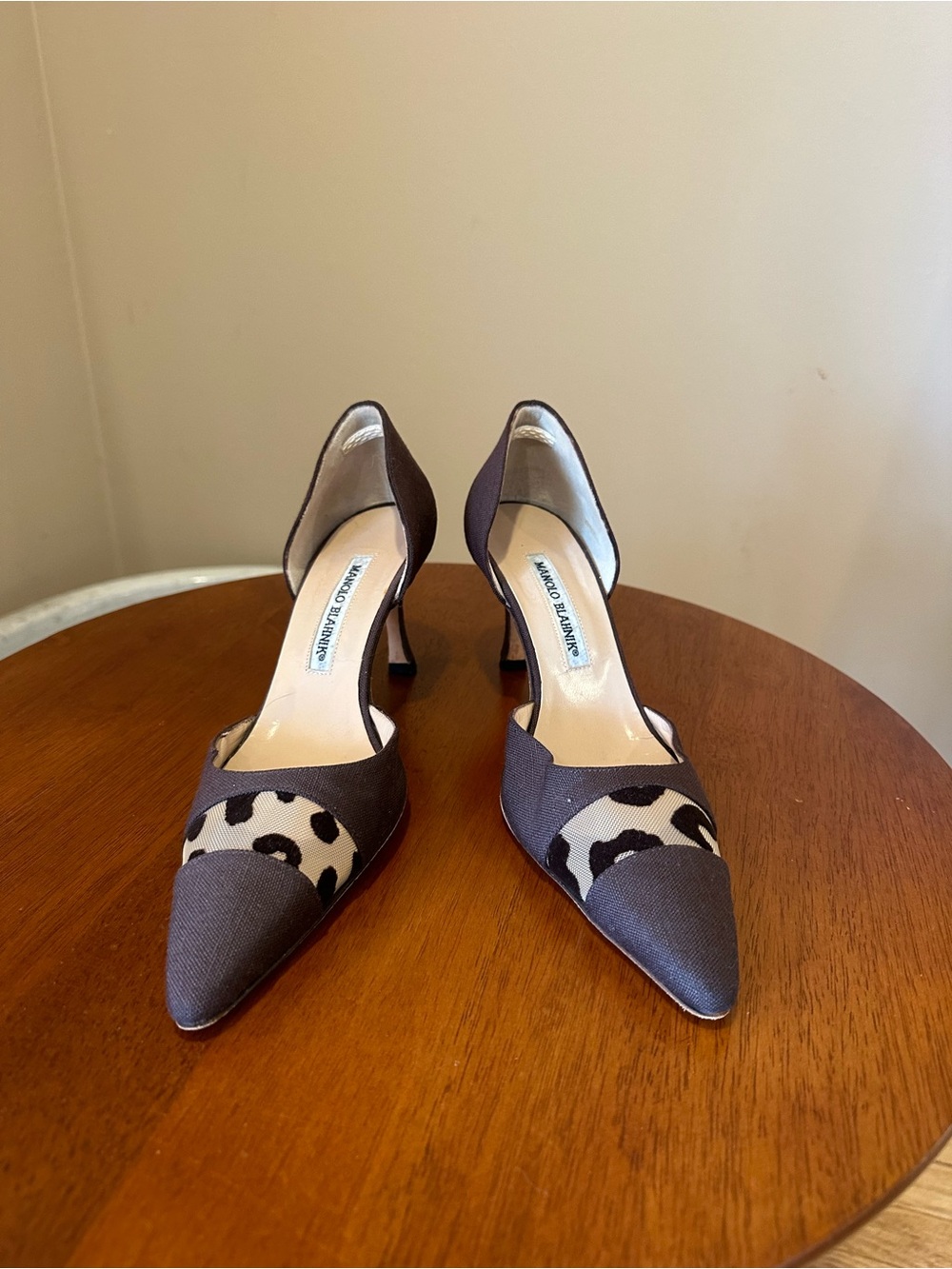 Manolo Blahnik Brown Pointed D'Orsay Pumps with Black-and-Cream Animal Panel - Picture 7 of 7